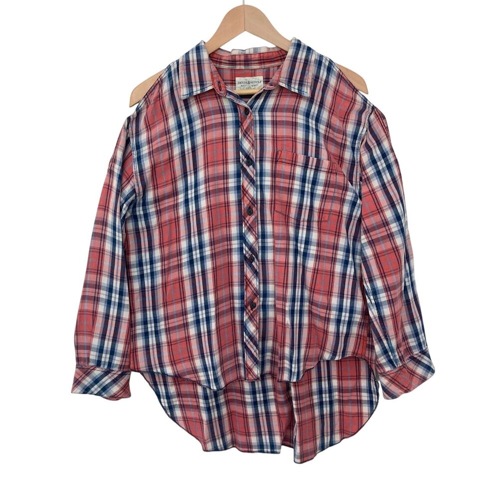 Ralph Lauren Denim Supply Red Blue White Plaid Cold Shoulder Flannel Shirt Top